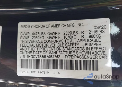 2020 Honda Accord Sport from USA, damaged, VIN 1HGCV1F35LA081762